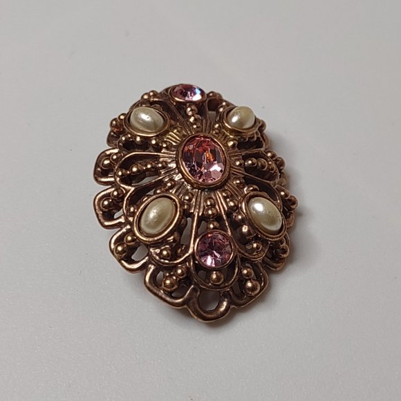 Vintage Gold Tone With Pink Stones Oval Shaped Brooch - Picture 7 of 16